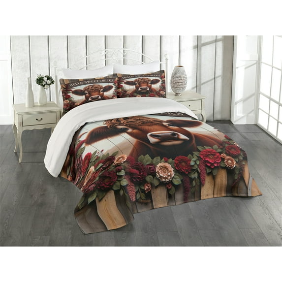 Ambesonne Rustic Quilted Coverlet 3 Pcs, Vintage Cottagecore Art Cow, King Size, Redbrown Maroon Taupe