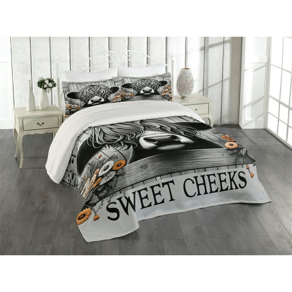 Ambesonne Rustic Quilted Coverlet 3 Pcs, Vintage Farmhouse Cow Cheeks, Queen Size, Grey Black and Orange