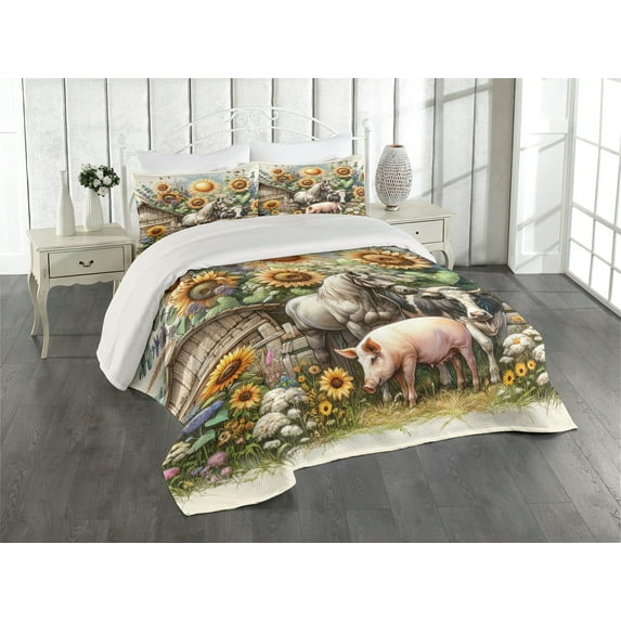 Ambesonne Rustic Quilted Coverlet 3 Pcs, Vintage Rural Farmhouse Life, Queen Size, Earth Yellow and Multicolor