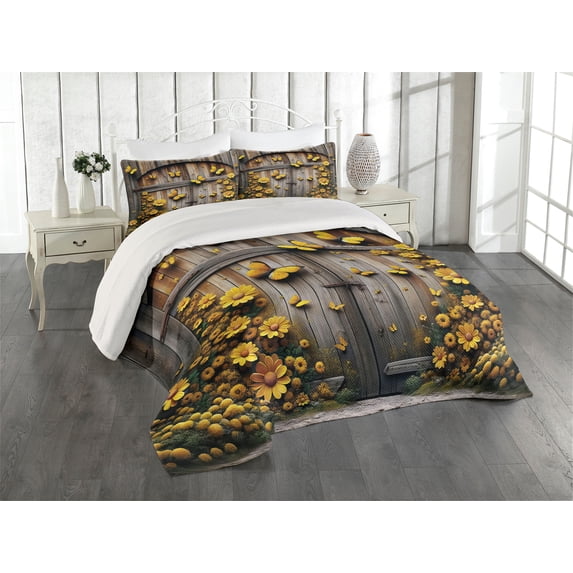 Ambesonne Rustic Quilted Coverlet 3 Pcs, Yellow Farmhouse Romance, King Size, Mustard Taupe Caramel