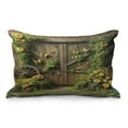 thumbnail image 1 of Ambesonne Rustic Quilted Pillowcover, Barn Door and Summer Blooms, 36" x 20", Fern Green Sepia and Yellow, 1 of 2
