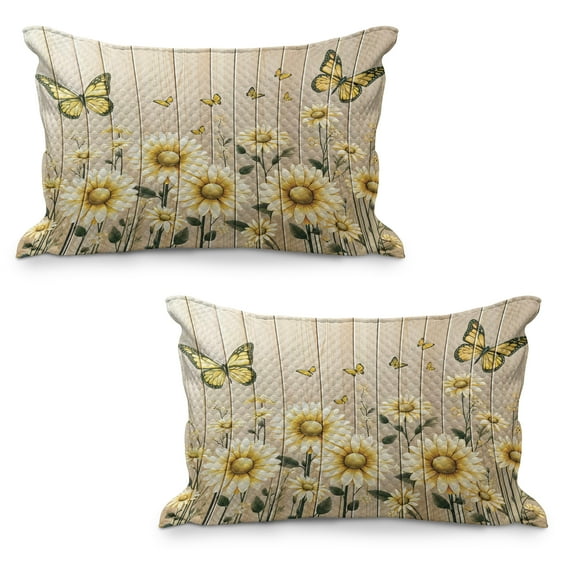Ambesonne Rustic Quilted Pillowcover Set of 2, Cottagecore Sunflower Vibes, 36" x 20", Dark Green and Yellow