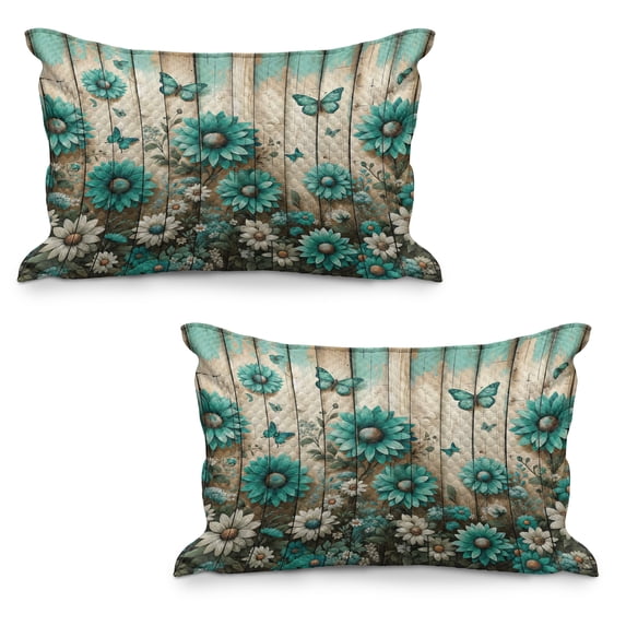 Ambesonne Rustic Quilted Pillowcover Set of 2, Farmhouse Cold Tone Daisies, 30" x 20", Turquoise and Grey Yellow