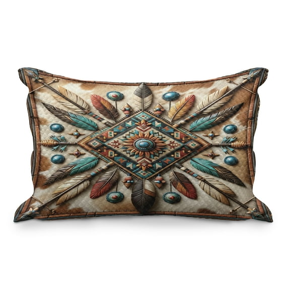 Ambesonne Rustic Quilted Pillowcover, Southwestern Square Feathers, 30" x 20", Turquoise Cocoa and Redbrown