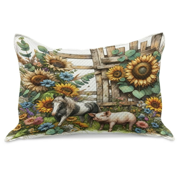Ambesonne Rustic Knitted Quilt Pillowcover, Vintage Farm Pig and Horse, 30"x20", Mustard Green Taupe
