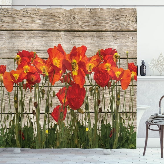 Ambesonne Rustic Shower Curtain, Blooming Poppy Flowers, 69"Wx84"L, Orange Brown