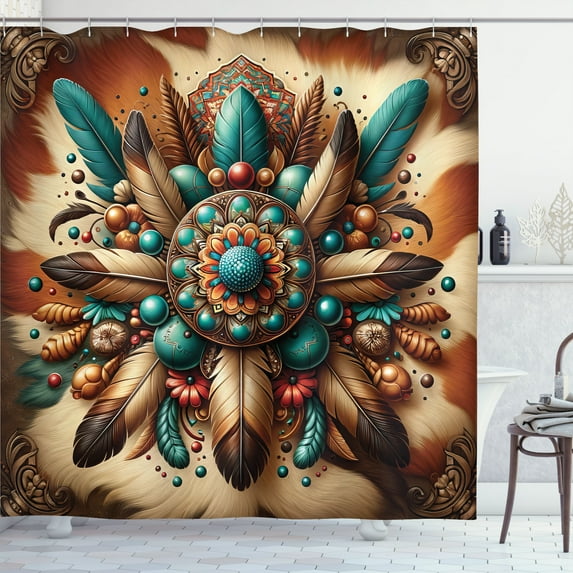 Ambesonne Rustic Shower Curtain, Boho Earthy Feathers Mandala, 69"Wx84"L, Teal Cinnamon Brown