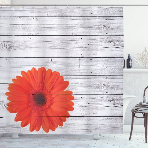 Ambesonne Rustic Shower Curtain, Calendula Floral Figure, 69"Wx70"L, Vermilion Pale Grey