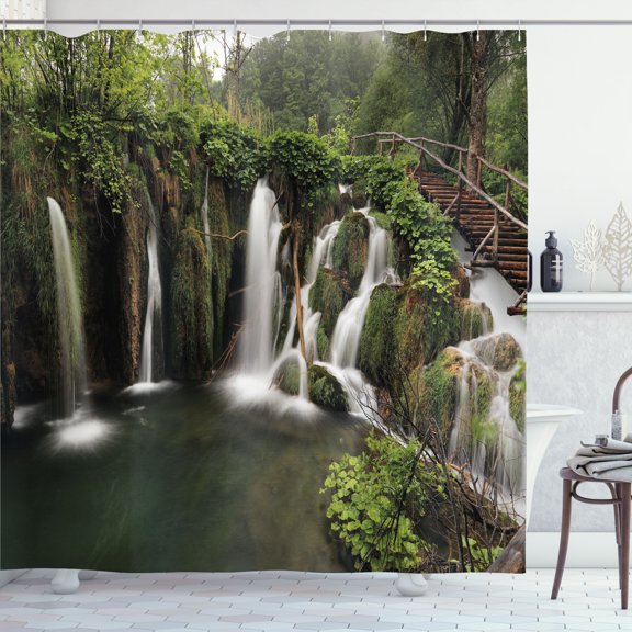 Ambesonne Rustic Shower Curtain, Crotian Round Waterfall, 69"Wx84"L, Green and Brown