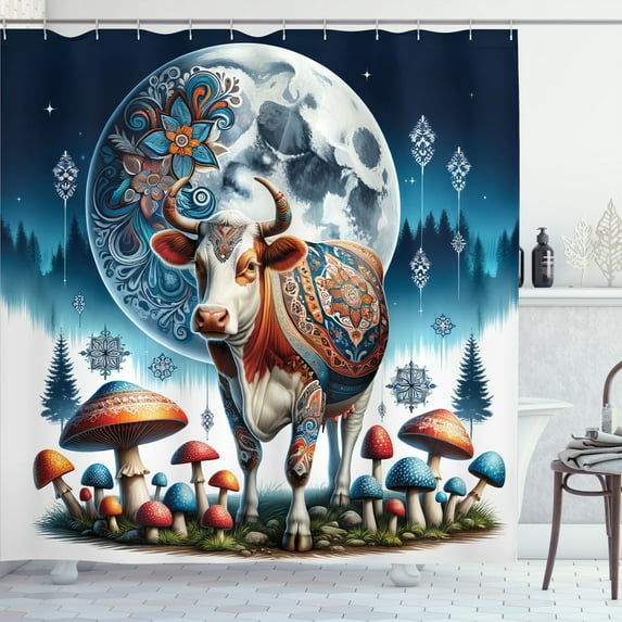 Ambesonne Rustic Shower Curtain, Ethnic Night Woods Moon Cow, 69"Wx84"L, Petrol Blue and Burnt Sienna
