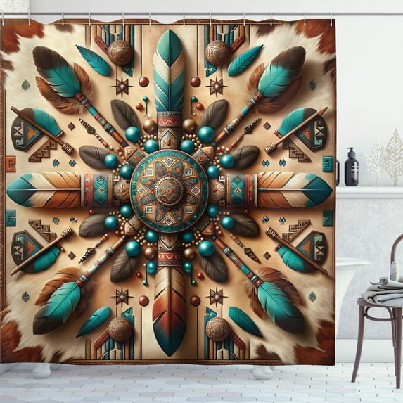 Ambesonne Rustic Shower Curtain, Ethnic Southwestern Feathers, 69"Wx84"L, Redwood and Dark Turquoise