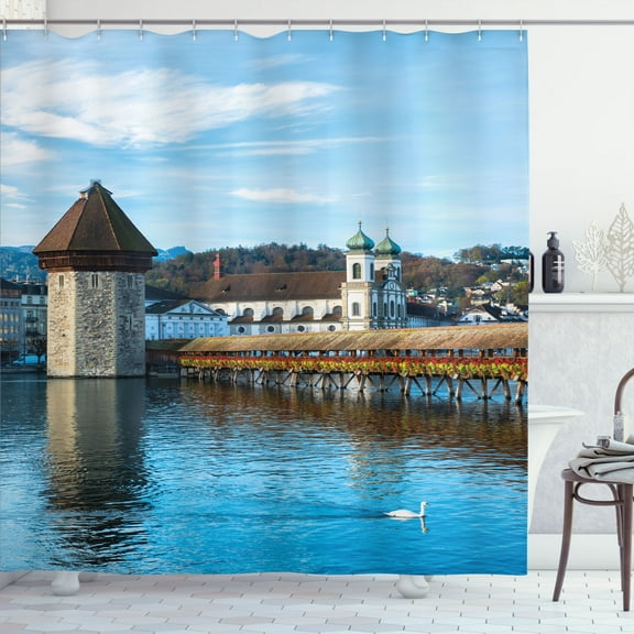 Ambesonne Rustic Shower Curtain, European Town Bridge, 69"Wx75"L, Blue Brown