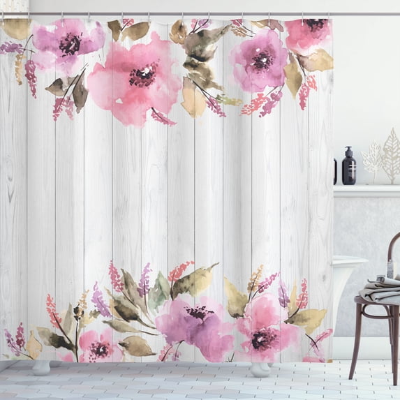 Ambesonne Rustic Shower Curtain, Geranium Petals Paint, 69"Wx70"L, Pink Lilac