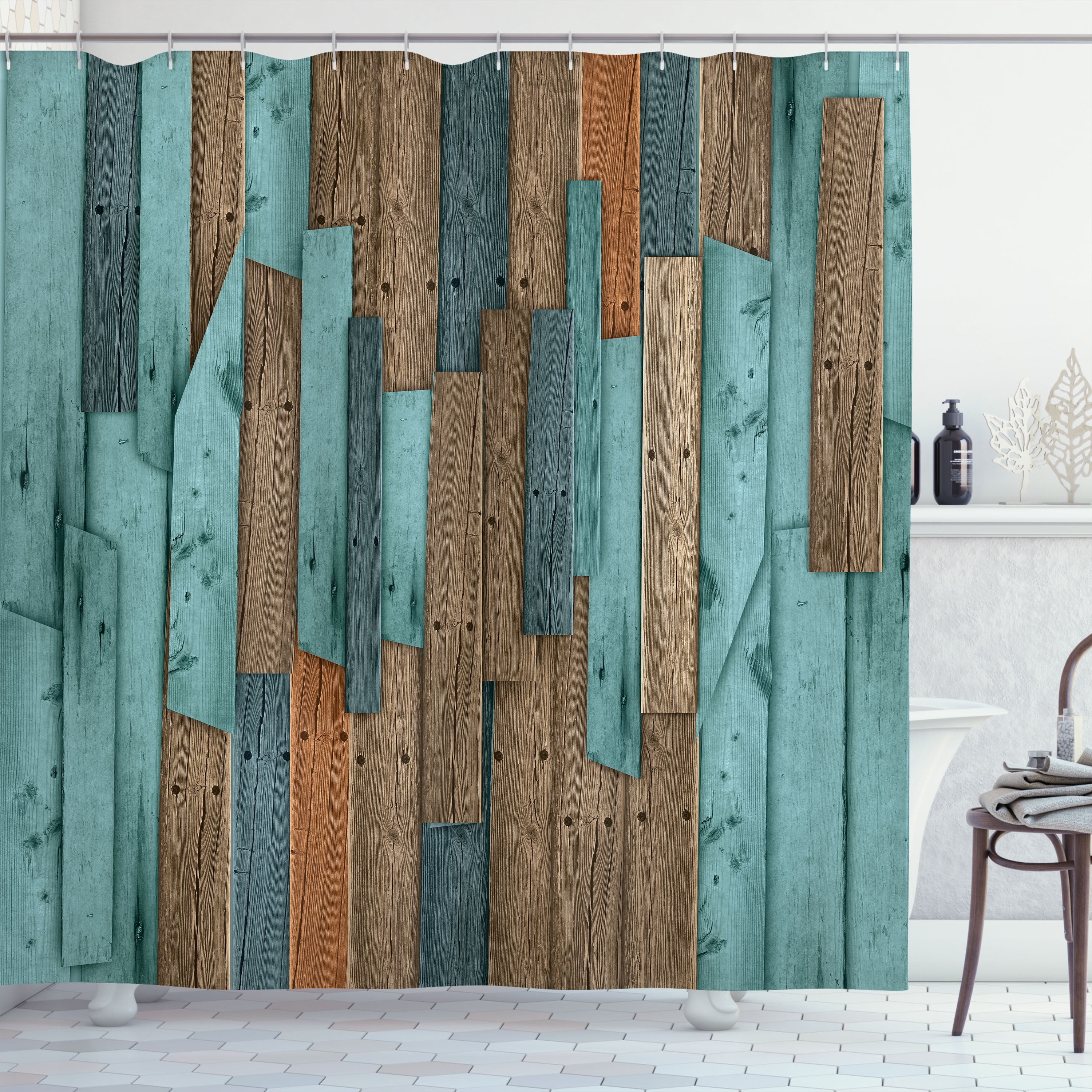 Rustic Multicolor Fabric Shower Curtain with Hooks Included