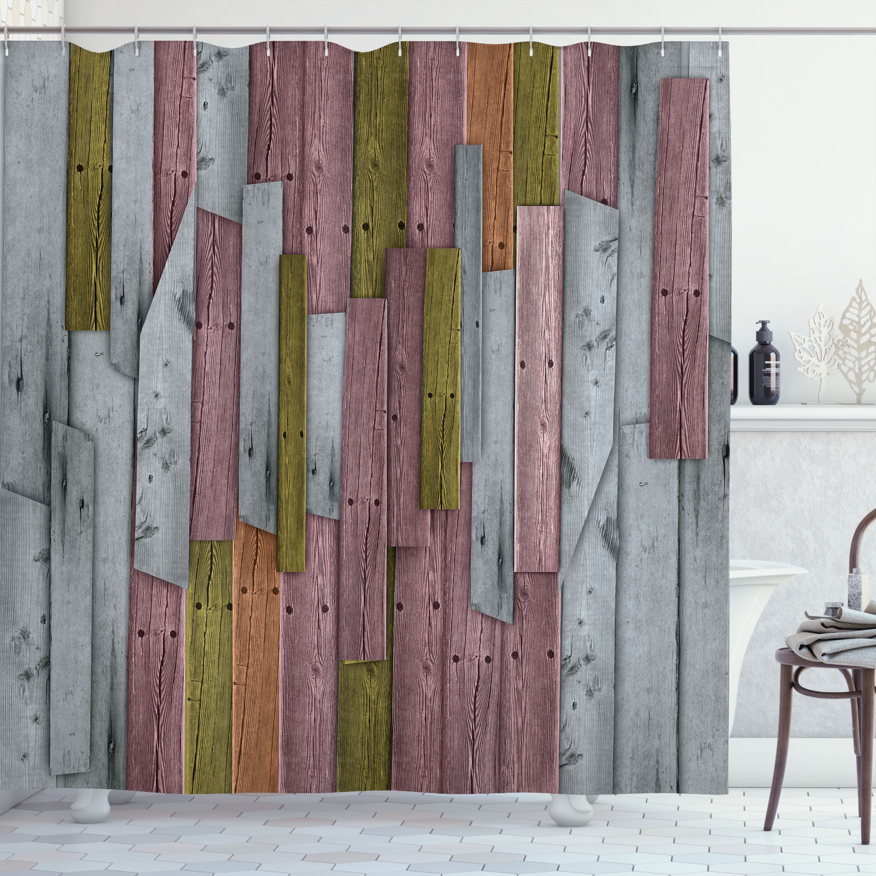 Rustic Multicolor Fabric Shower Curtain with Hooks Included