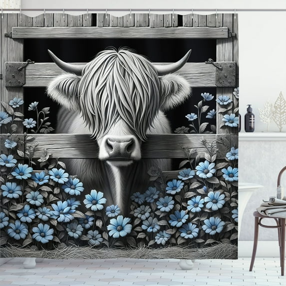 Ambesonne Rustic Shower Curtain, Monochrome Farmhouse Cow, 69"Wx84"L, Grey Black and Blue
