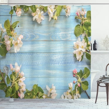 Ambesonne Rustic Shower Curtain, Springtime Flower Scene Art, 69"Wx84"L, Pale Blue and Green