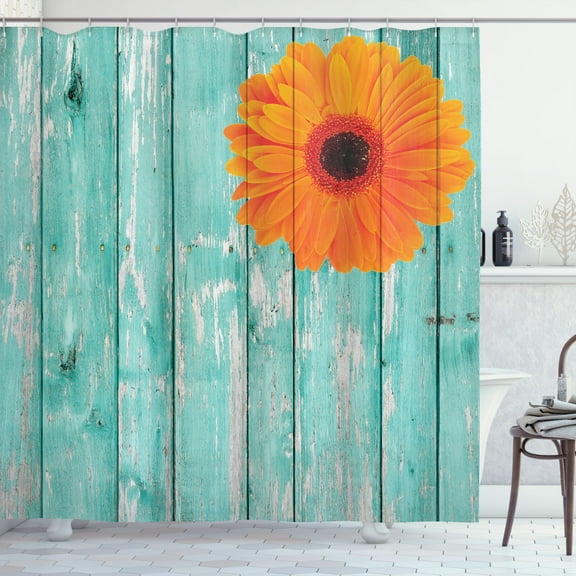 Ambesonne Rustic Shower Curtain, Vibrant Dahlia Buds, 69"Wx70"L, Merigold Blue