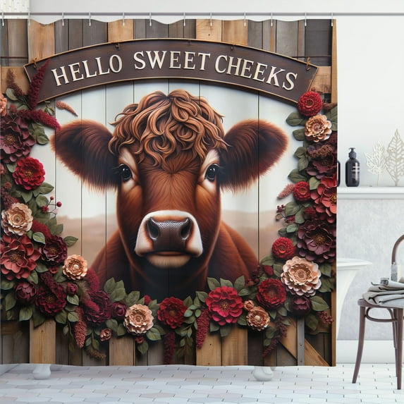 Ambesonne Rustic Shower Curtain, Vintage Cottagecore Art Cow, 69"Wx84"L, Redbrown Maroon Taupe