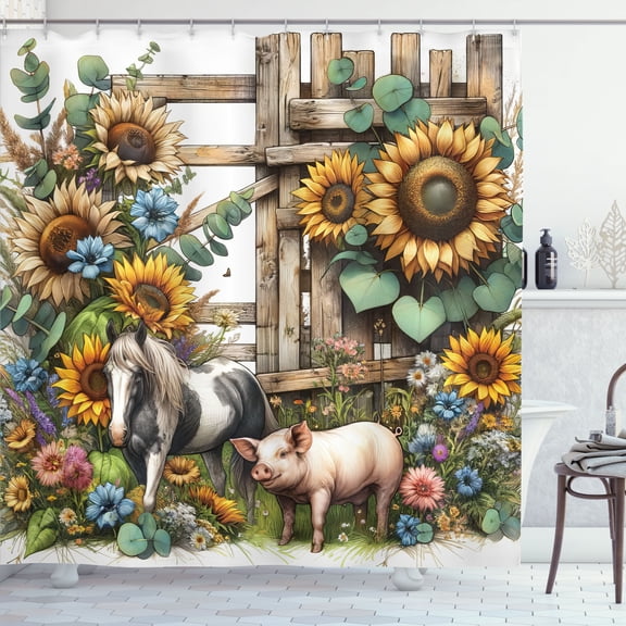 Ambesonne Rustic Shower Curtain, Vintage Farm Pig and Horse, 69"Wx84"L, Mustard Green Taupe