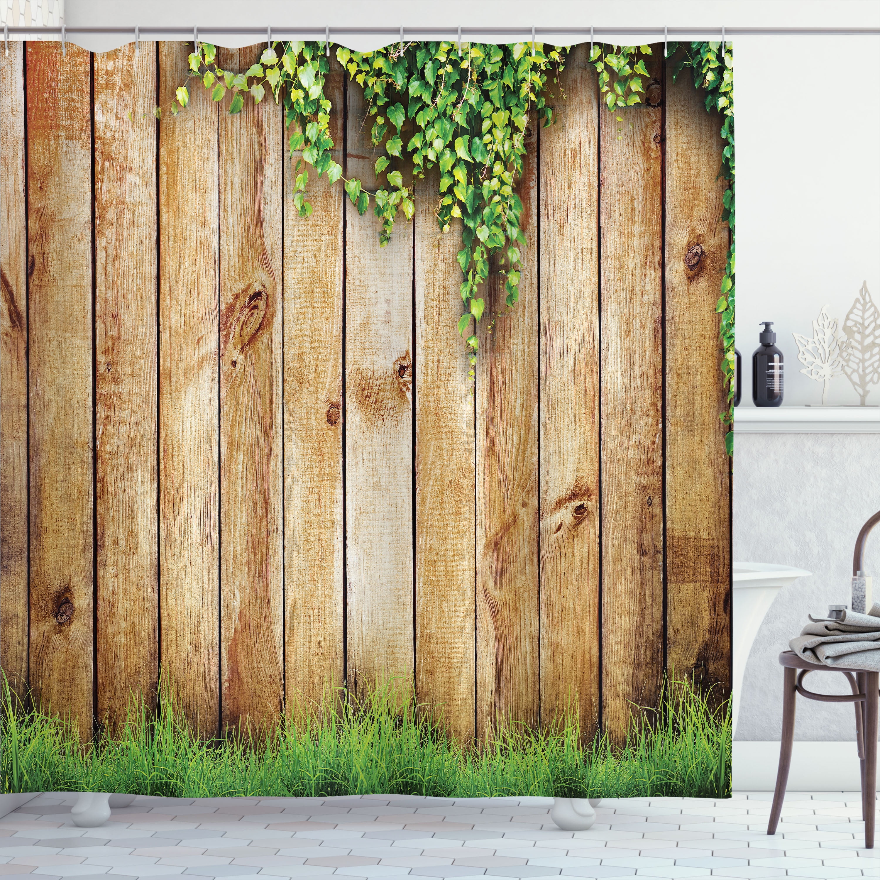 Rustic Green and Brown Polyester Shower Curtain with Hooks