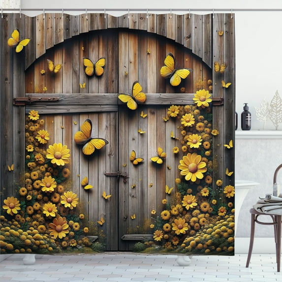 Ambesonne Rustic Shower Curtain, Yellow Farmhouse Romance, 69"Wx84"L, Mustard Taupe Caramel