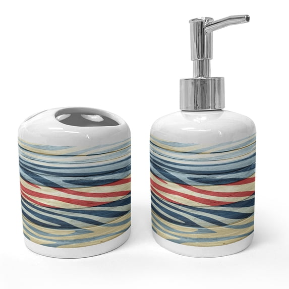 Ambesonne Rustic Soap Dispenser & Toothbrush Holder Set, Country Zebra on Wood, 2 Pcs, Navy Red Yellow