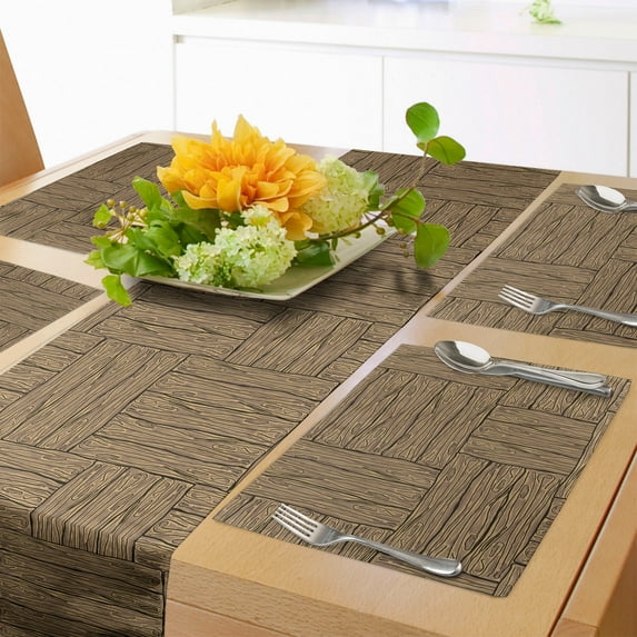 Ambesonne Rustic Table Runner & Placemats, Wooden Texture Motif, Placemat 4 pcs + Runner 16"x72", Pale Brown Black