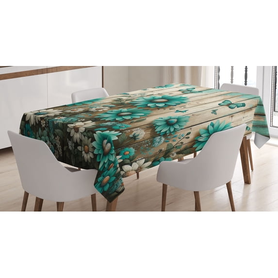Ambesonne Rustic Tablecloth Rectangular Table Cover, Farmhouse Cold Tone Daisies, 52"x70", Turquoise and Grey Yellow