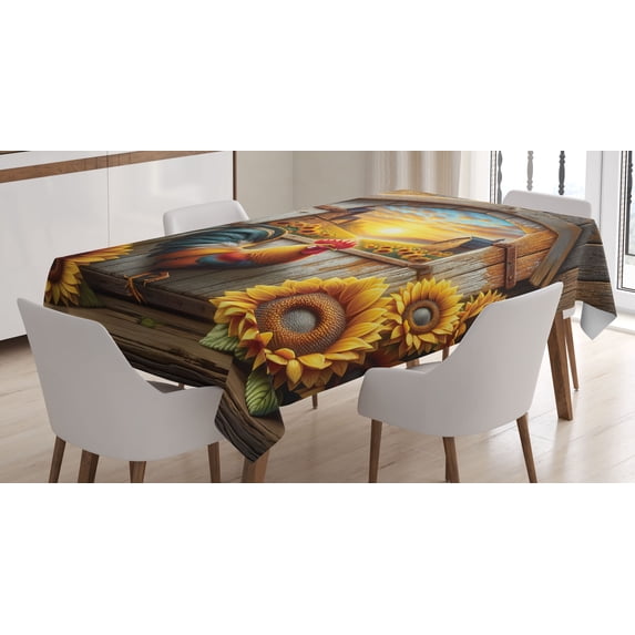 Ambesonne Rustic Tablecloth Rectangular Table Cover, Sunset Rooster Sunflowers, 60"x84", Earth Yellow and Caramel