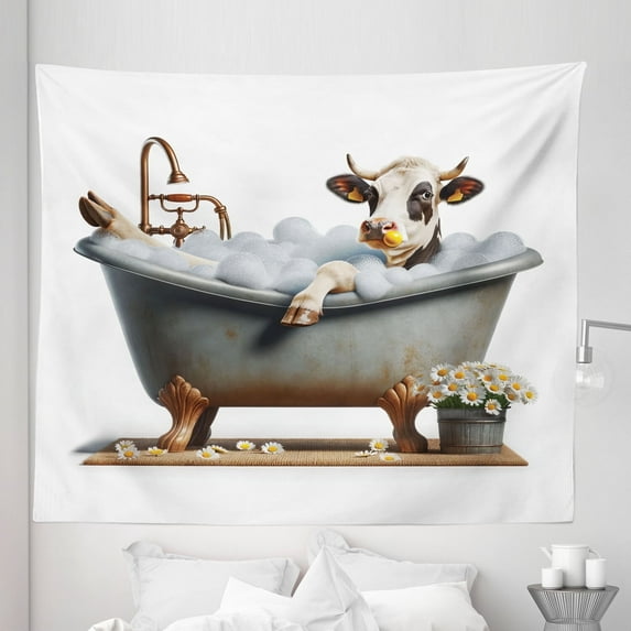 Ambesonne Rustic Tapestry King Size, Bathing Cow and Chamomiles, 104"x88", Coconut White and Cinnamon