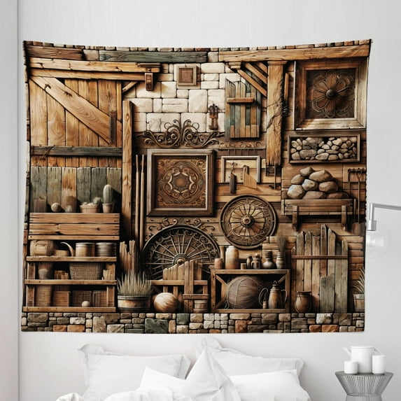 Ambesonne Rustic Tapestry King Size, Medieval Cottage Scene Art, 104"x88", Grey Teal Brown