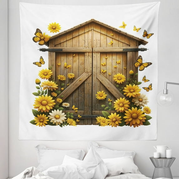 Ambesonne Rustic Tapestry Queen Size, Barn Cottage Summer Flowers, 88"x88", Earth Yellow and Cocoa