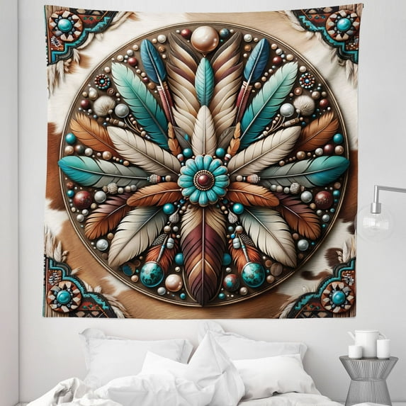 Ambesonne Rustic Tapestry Queen Size, Southwestern Wreath Ethnic, 88"x88", Turquoise Redbrown and Tan