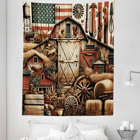 Ambesonne Rustic Tapestry Twin Size, American Barn Western Farm, 68"x88", Paprika Caramel and Dark Teal