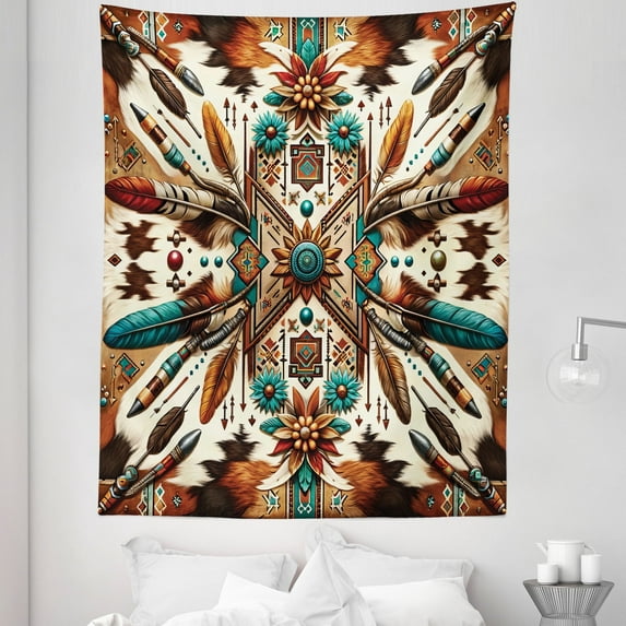 Ambesonne Rustic Tapestry Twin Size, Aztec Inspired Feathers Art, 68"x88", Cinnamon Redbrown and Teal