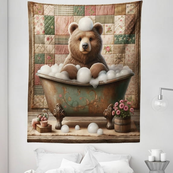 Ambesonne Rustic Tapestry Twin Size, Farmhouse Grizzly Bear Bath, 68"x88", Chocolate Rose Green