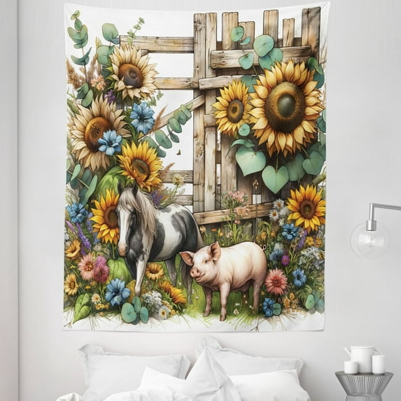 Ambesonne Rustic Tapestry Twin Size, Vintage Farm Pig and Horse, 68"x88", Mustard Green Taupe