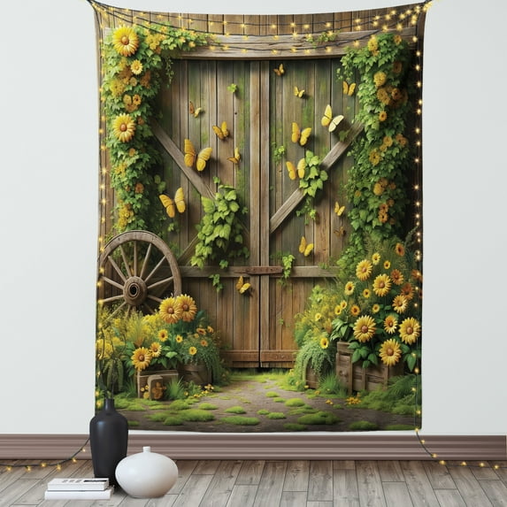 Ambesonne Rustic Tapestry Wall Hanging, Barn Door and Summer Blooms, 60"x80", Fern Green Sepia and Yellow