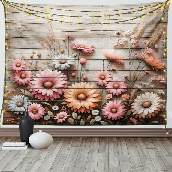 Ambesonne Rustic Tapestry Wall Hanging, Cottagecore Meadow Flowers, 80"x60", Pink Salmon and Pale Taupe