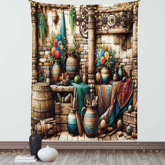 Ambesonne Rustic Tapestry Wall Hanging, Grunge Ethnic Vases Objects, 40"x60", Pale Brown Teal Cinnamon