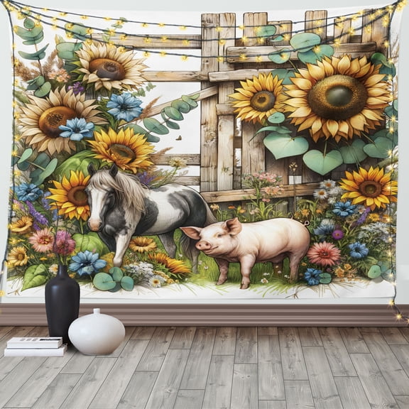 Ambesonne Rustic Tapestry Wall Hanging, Vintage Farm Pig and Horse, 60"x40", Mustard Green Taupe