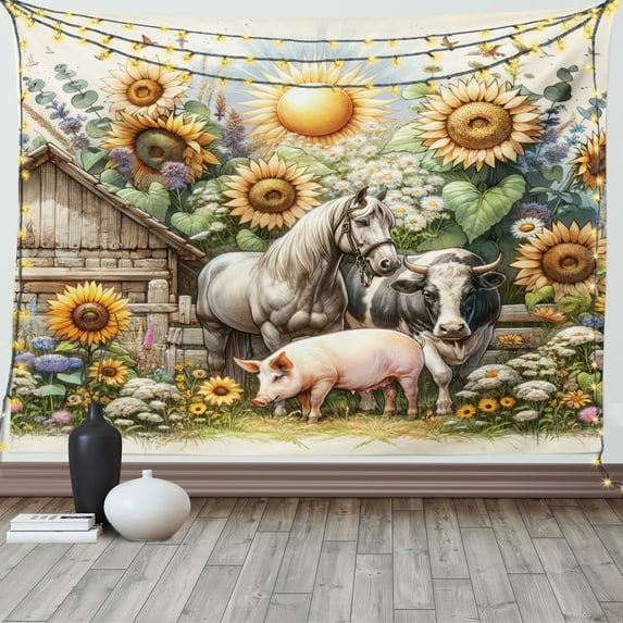 Ambesonne Rustic Tapestry Wall Hanging, Vintage Rural Farmhouse Life, 60"x40", Earth Yellow and Multicolor