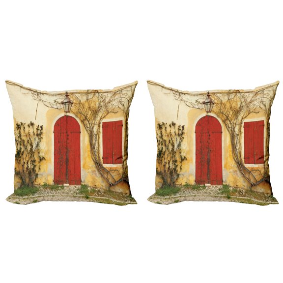 Ambesonne Rustic Throw Pillow Cover 2 Pack, Aged Doors Tuscan House, 16", Yellow Beige Red