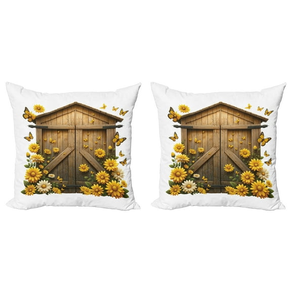 Ambesonne Rustic Throw Pillow Cover 2 Pack, Barn Cottage Summer Flowers, 18", Earth Yellow and Cocoa