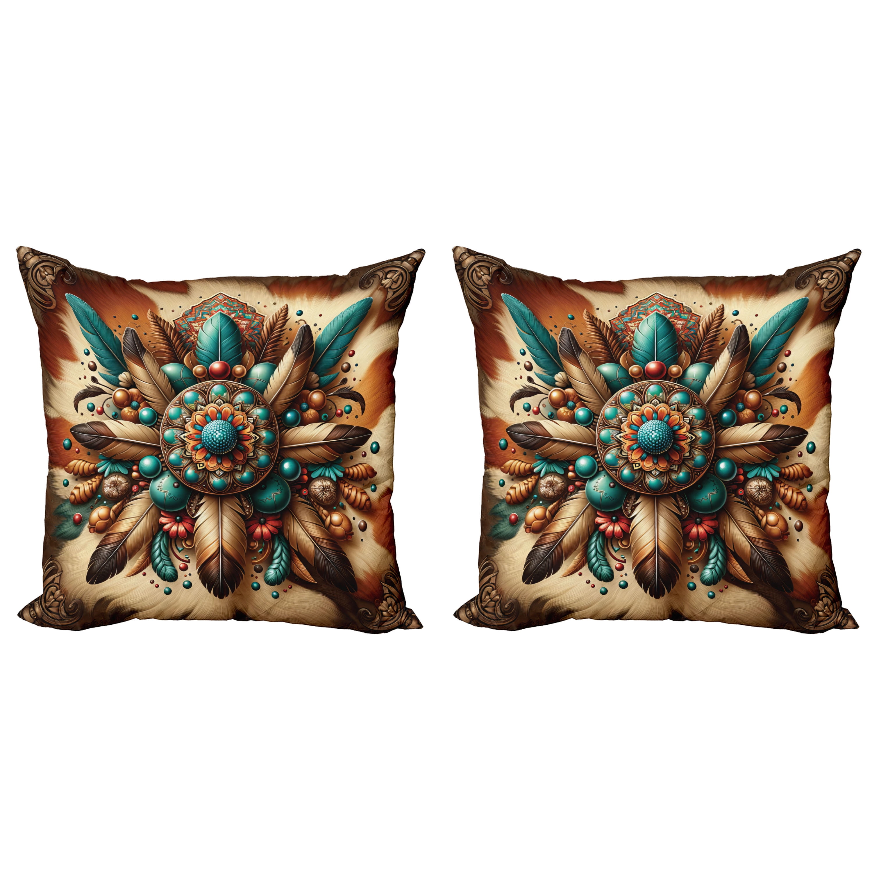 Teal and Cinnamon Brown Boho Feather Mandala Square Pillow Covers