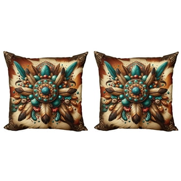 Ambesonne Rustic Throw Pillow Cover 2 Pack, Boho Earthy Feathers Mandala, 16", Teal Cinnamon Brown