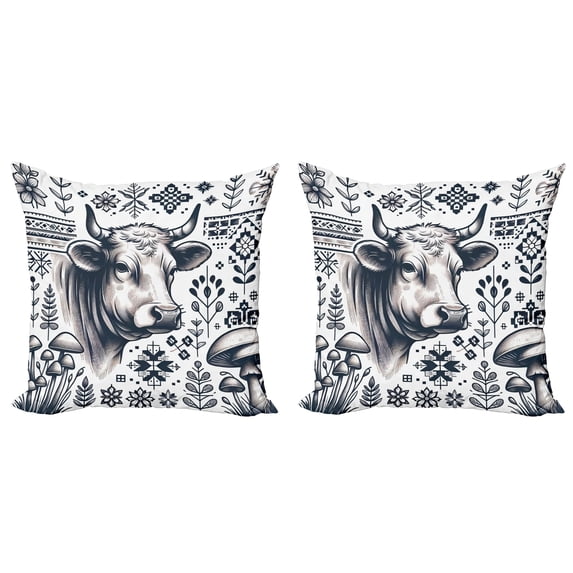 Ambesonne Rustic Throw Pillow Cover 2 Pack, Botanical Southwestern Cow, 16", Dark Blue Grey and White
