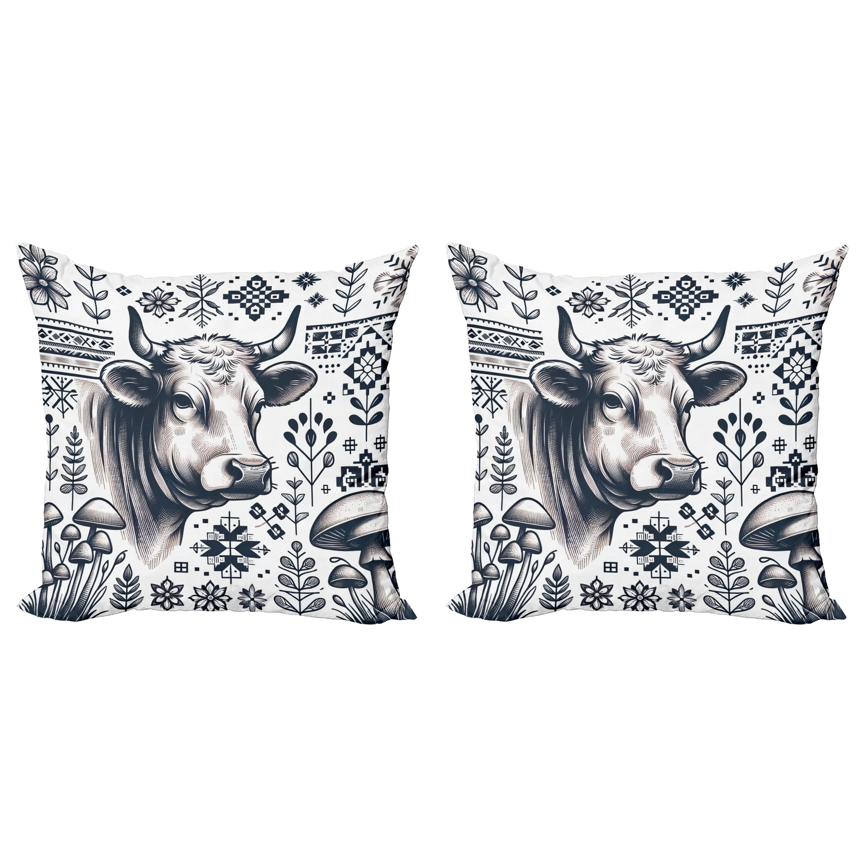 Dark Blue and White Southwestern Cow Print Microfiber Throw Pillow Covers, Set of 2