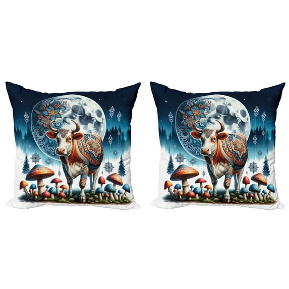 Ambesonne Rustic Throw Pillow Cover 2 Pack, Ethnic Night Woods Moon Cow, 16", Petrol Blue and Burnt Sienna